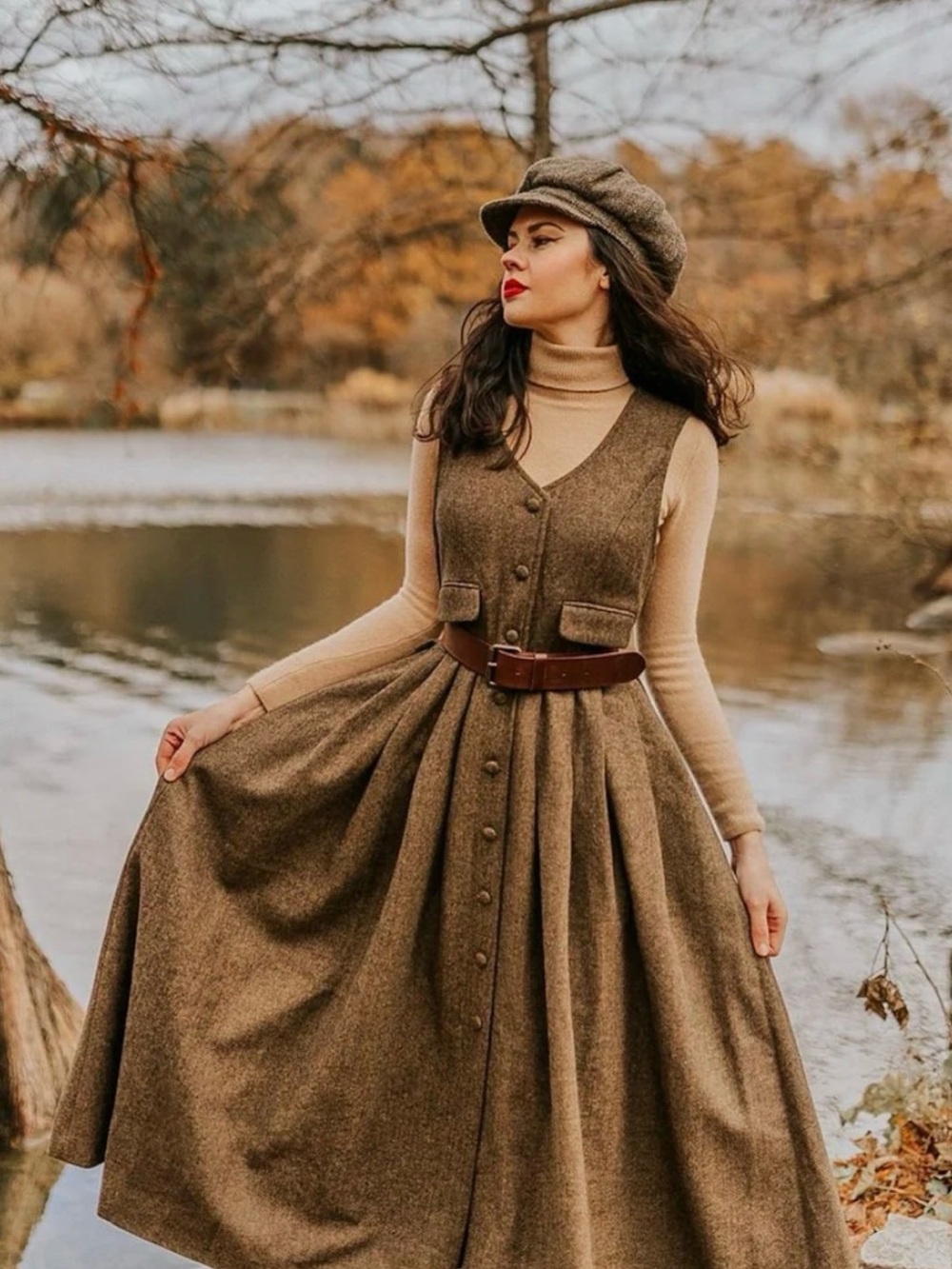 Linen Naive Brown Wool-Effect Maxi Dress with Button Front